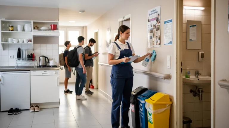 Nettoyage de résidence étudiante, couloir propre, cuisine collective et tri des déchets