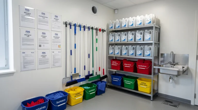 Local ménage d’entreprise propre et organisé avec rangement professionnel et code couleur