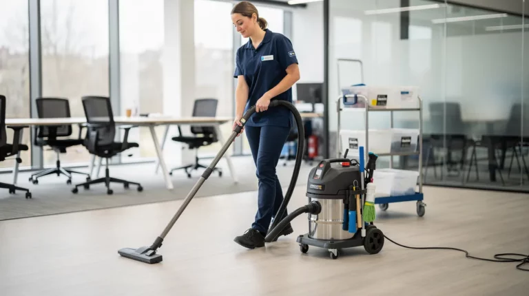 Aspirateur professionnel HEPA utilisé dans un bureau moderne lors d’une intervention de nettoyage