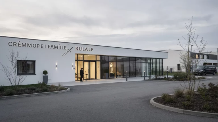 Crématorium et chambre funéraire sobres avec entrée discrète et ambiance calme