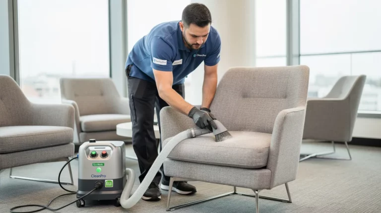 Technicien nettoyant un fauteuil textile dans un bureau moderne