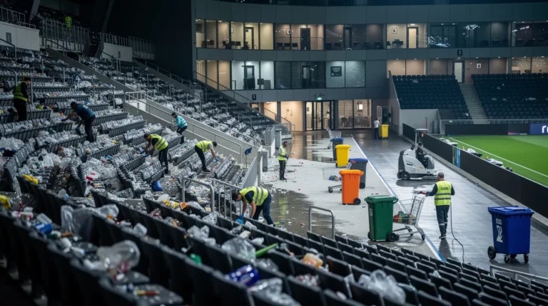 Nettoyage de stade après événement, équipes en intervention nocturne dans les gradins