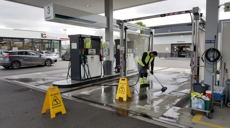 Nettoyage de station-service et station de lavage, piste propre et environnement professionnel