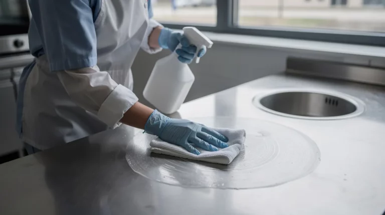 Nettoyant enzymatique en action sur une surface de cuisine professionnelle