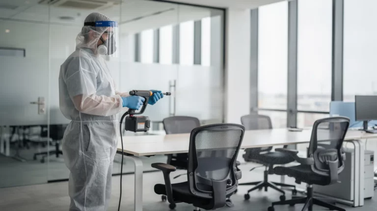 Pulvérisation électrostatique de désinfection dans un bureau moderne
