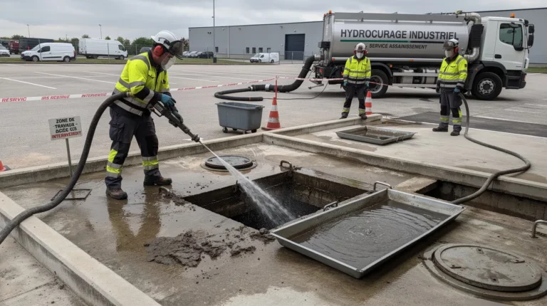 Hydrocurage industriel sur réseau de caniveaux avec équipe en EPI et camion hydrocureur